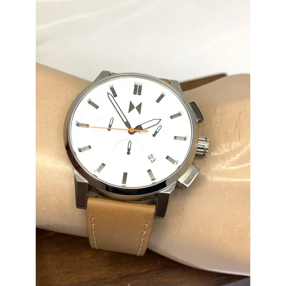 MVMT Men's Watch Quartz Chronograph White Dial Brown Leather Band 44mm